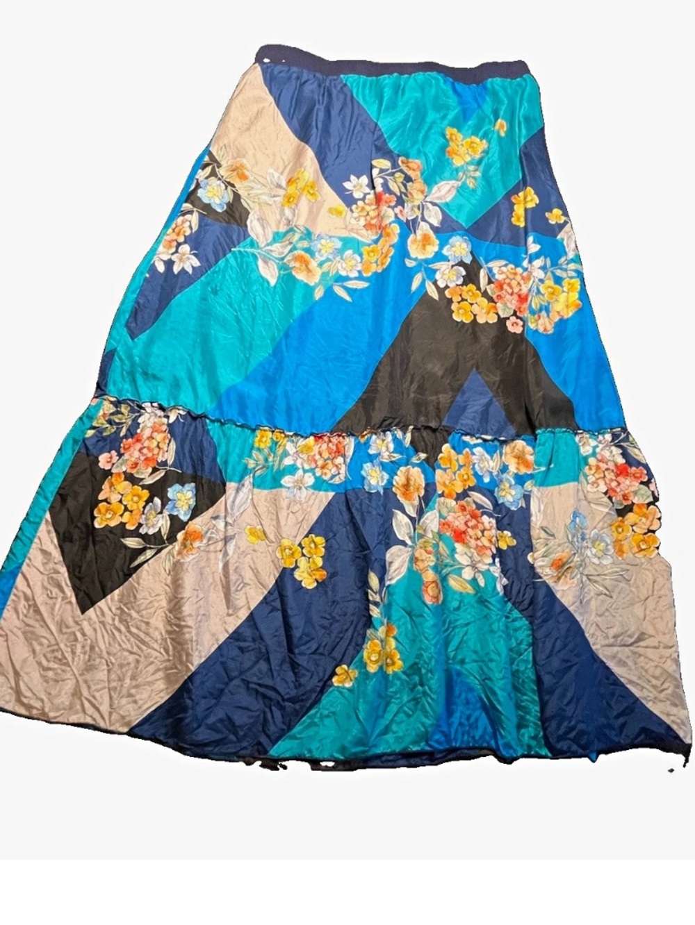 Johnny Was Blue Floral Silk Tiered Lined Maxi Skirt Elastic Waist, XL